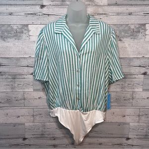 Draper James Button Front Striped Linen Bodysuit Collared Size XXL
